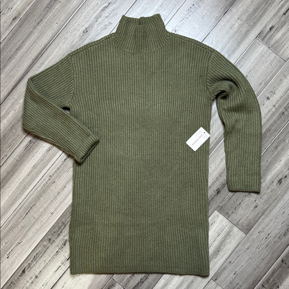 NWT LUCKY BRAND MOCK NECK RIBBED SWEATER DRESS OLIVE GREEN WOOL BLEND SIZE XS - Picture 4 of 11